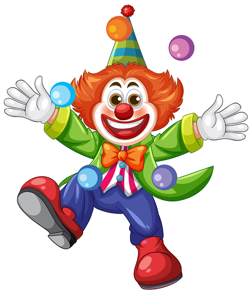 Vibrant clown illustration with dynamic juggling pose, bright colors, and cheerful expression. Ideal for playful and festive themes